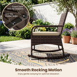 3 Pieces PE Wicker Rocking Bistro Set with 2-Tier Side Table Cushions and Ergonomic Armchairs for Porch