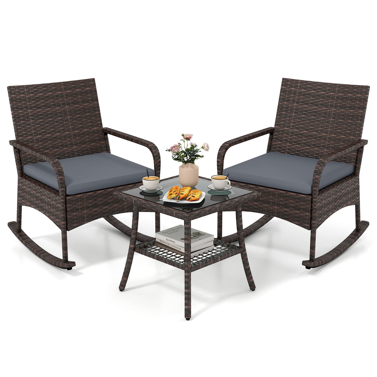 3 Pieces PE Wicker Rocking Bistro Set with 2-Tier Side Table Cushions and Ergonomic Armchairs for Porch
