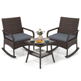3 Pieces PE Wicker Rocking Bistro Set with 2-Tier Side Table Cushions and Ergonomic Armchairs for Porch