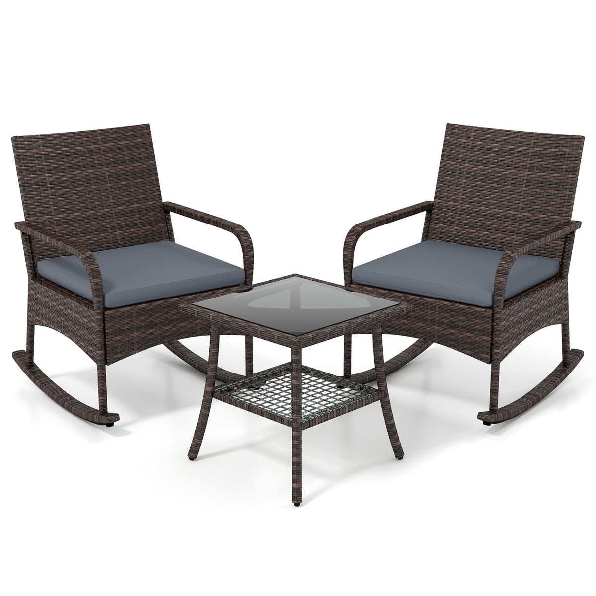 3 Pieces PE Wicker Rocking Bistro Set with 2-Tier Side Table Cushions and Ergonomic Armchairs for Porch