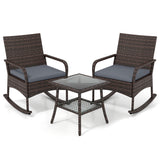 3 Pieces PE Wicker Rocking Bistro Set with 2-Tier Side Table Cushions and Ergonomic Armchairs for Porch