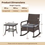 3 Pieces PE Wicker Rocking Bistro Set with 2-Tier Side Table Cushions and Ergonomic Armchairs for Porch