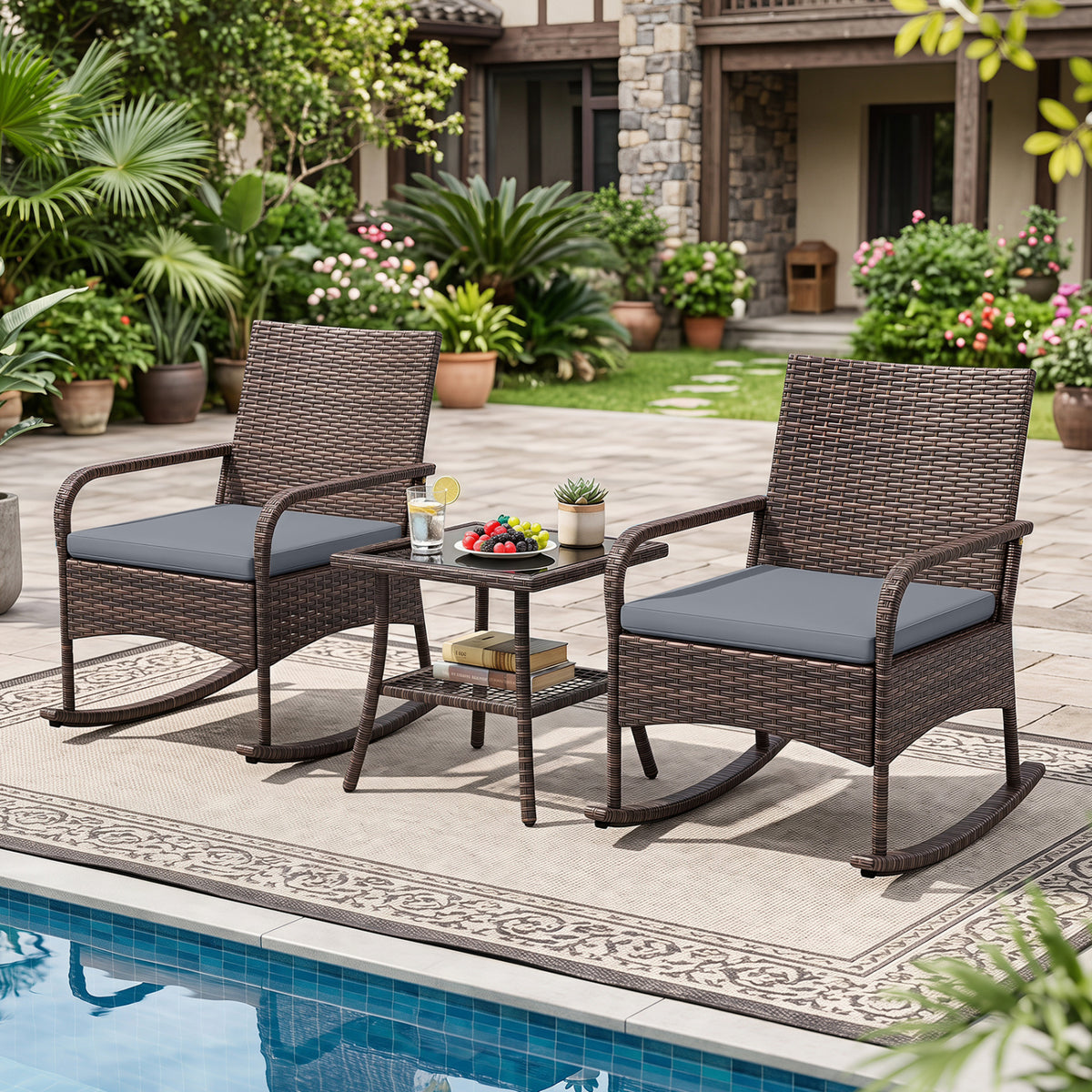 3 Pieces PE Wicker Rocking Bistro Set with 2-Tier Side Table Cushions and Ergonomic Armchairs for Porch