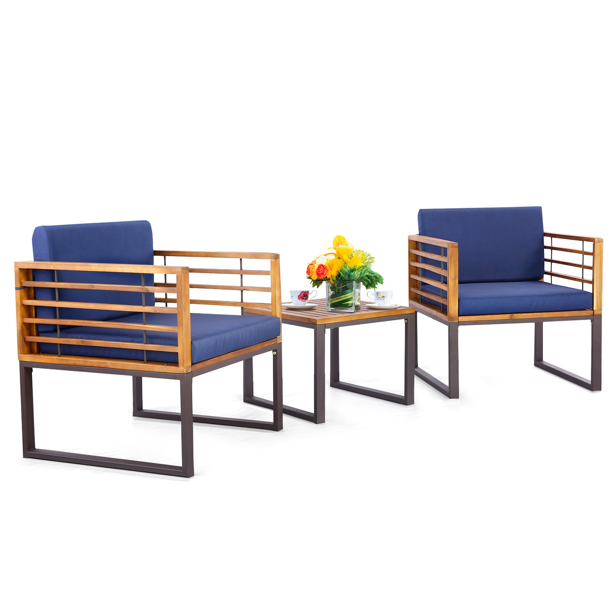 3 Pieces Patio Acacia Wood Conversation Set with Cushioned Armchairs-Navy