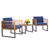 3 Pieces Patio Acacia Wood Conversation Set with Cushioned Armchairs-Navy
