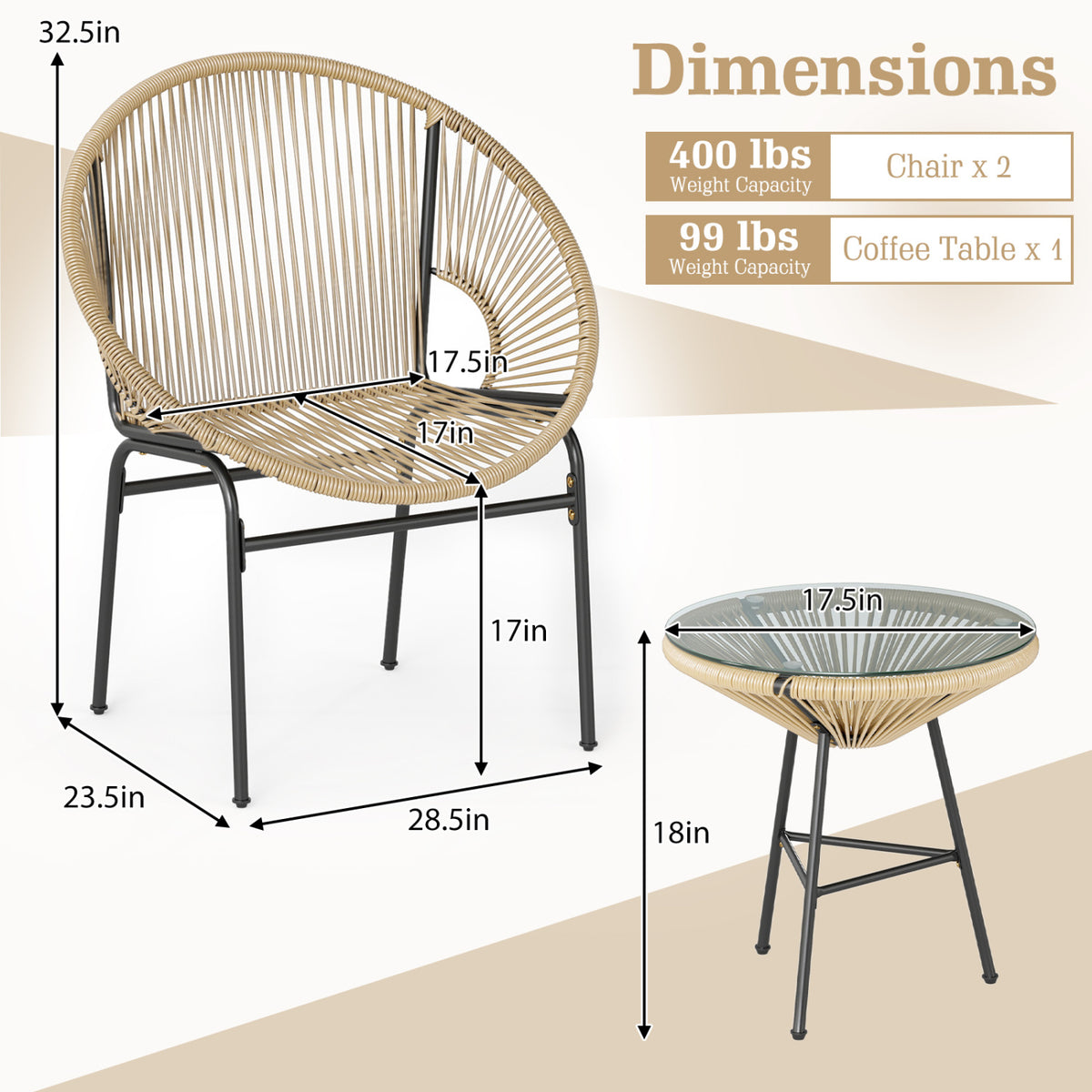 3PCS Patio Acapulco Furniture Bistro Set with GlassTable