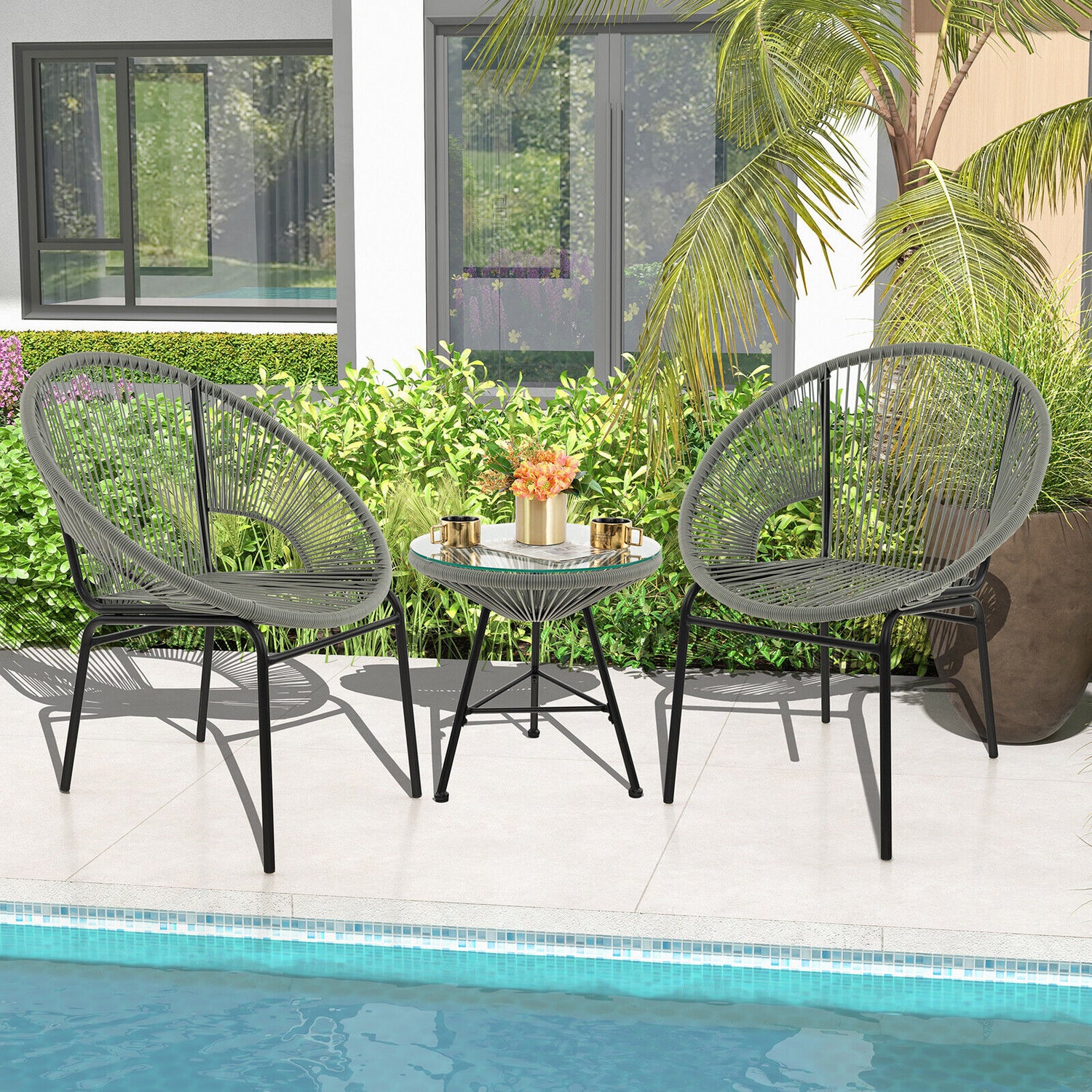 3 Pieces Patio Acapulco Furniture Bistro Set with Glass Table