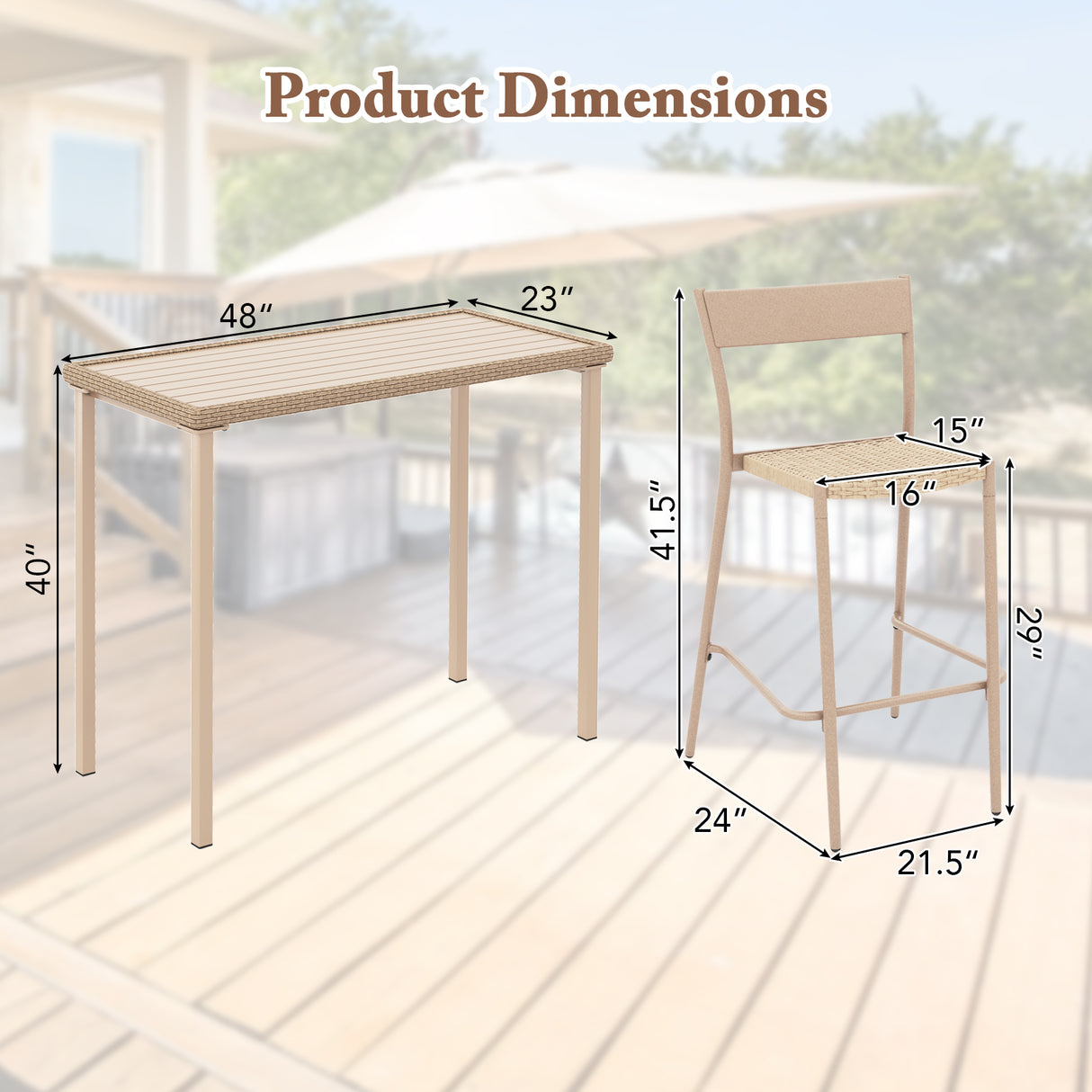 3 Pieces Patio Bar Table Set with Height Table and 2 Armless Chairs