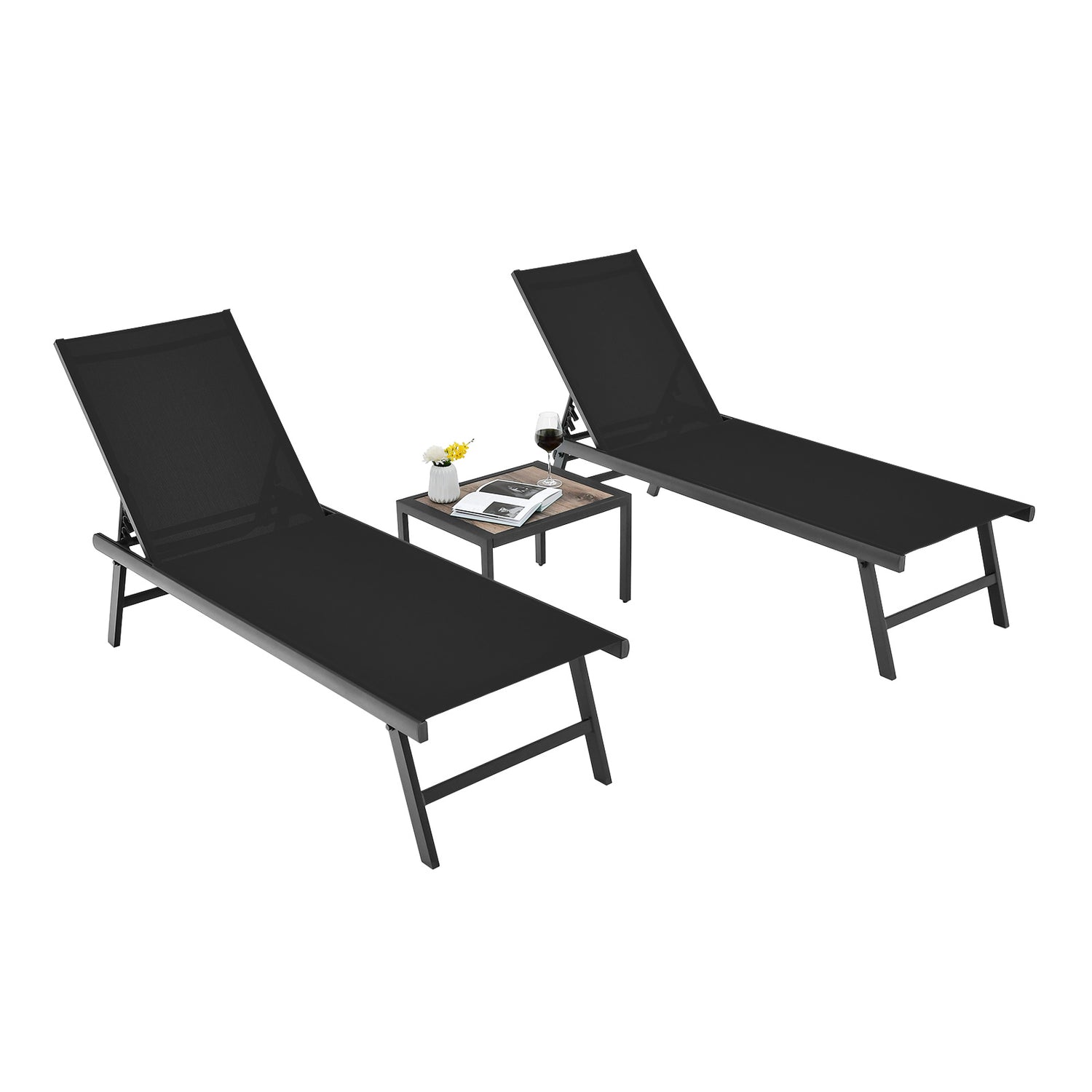 3 Pieces Patio Chaise Lounge Chair and Table Set for Poolside Yard