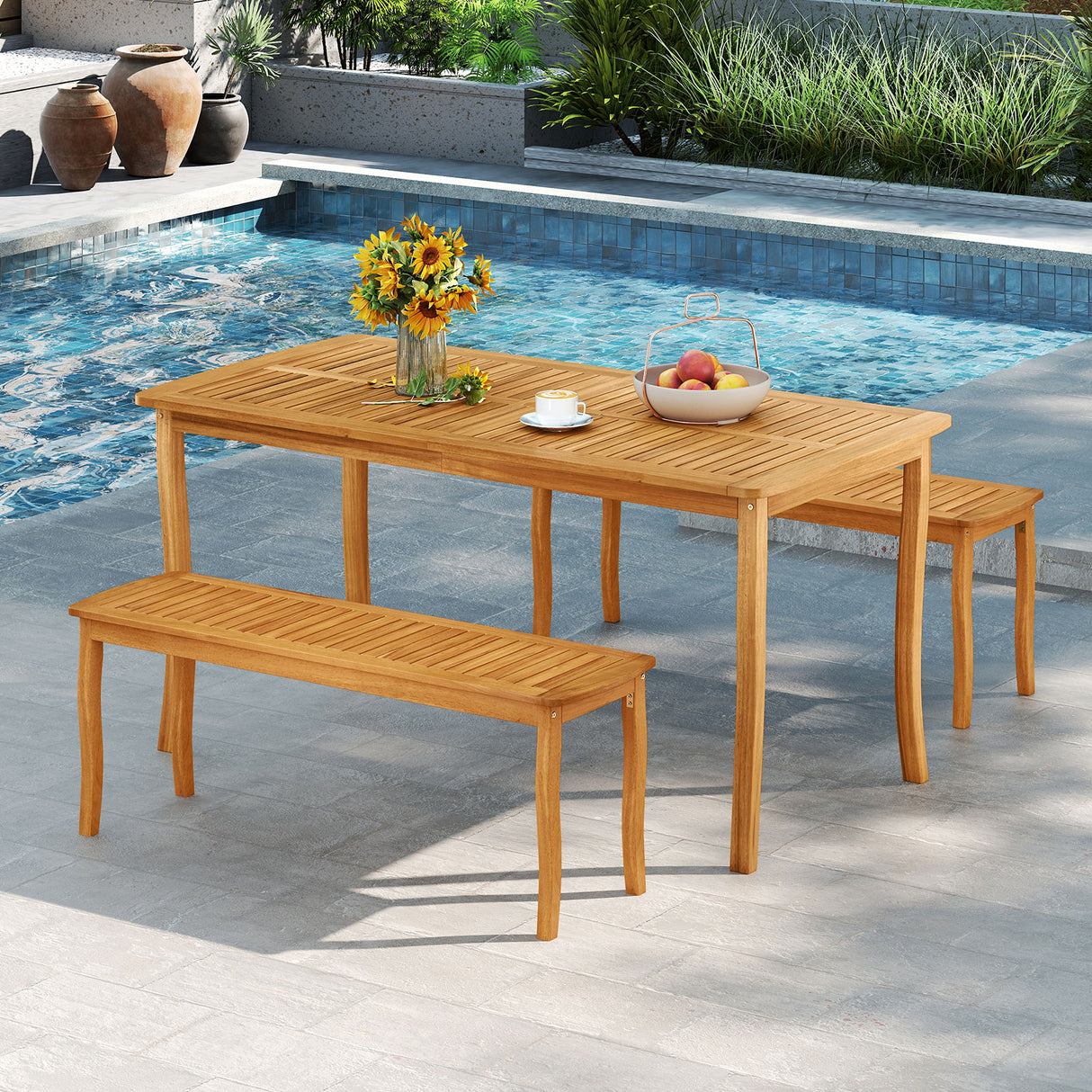 3Â PiecesÂ PatioÂ DiningÂ Set withÂ AcaciaÂ WoodÂ OutdoorÂ TableÂ andÂ Benches