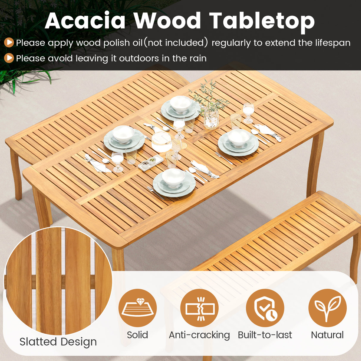 3Â PiecesÂ PatioÂ DiningÂ Set withÂ AcaciaÂ WoodÂ OutdoorÂ TableÂ andÂ Benches