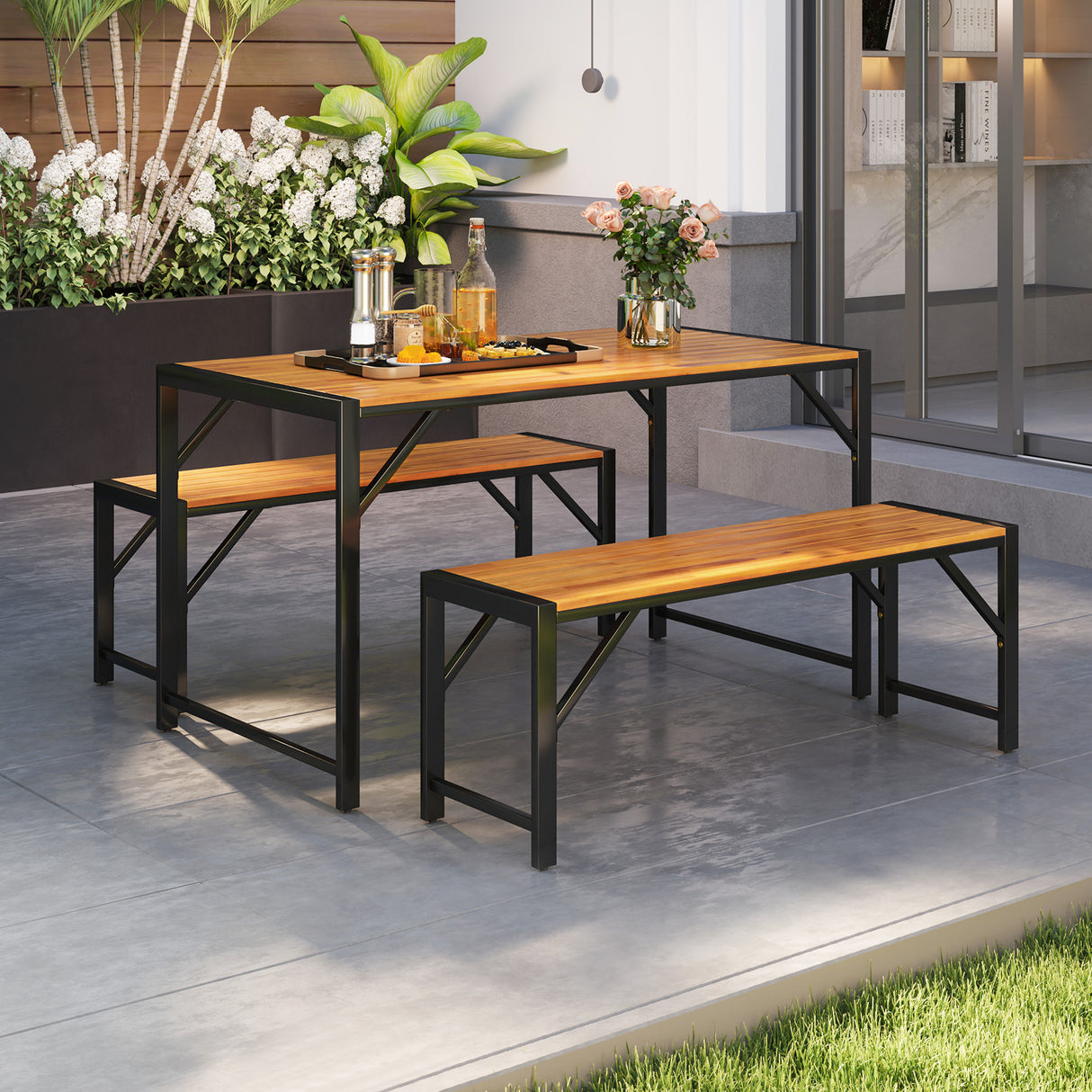 3 Pieces Patio Dining Set with Acacia Wood Dining Table and 2 Benches