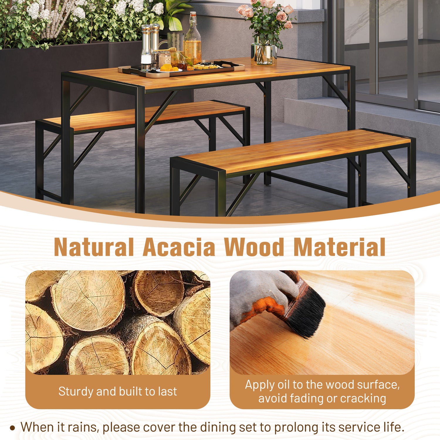 3 Pieces Patio Dining Set with Acacia Wood Dining Table and 2 Benches