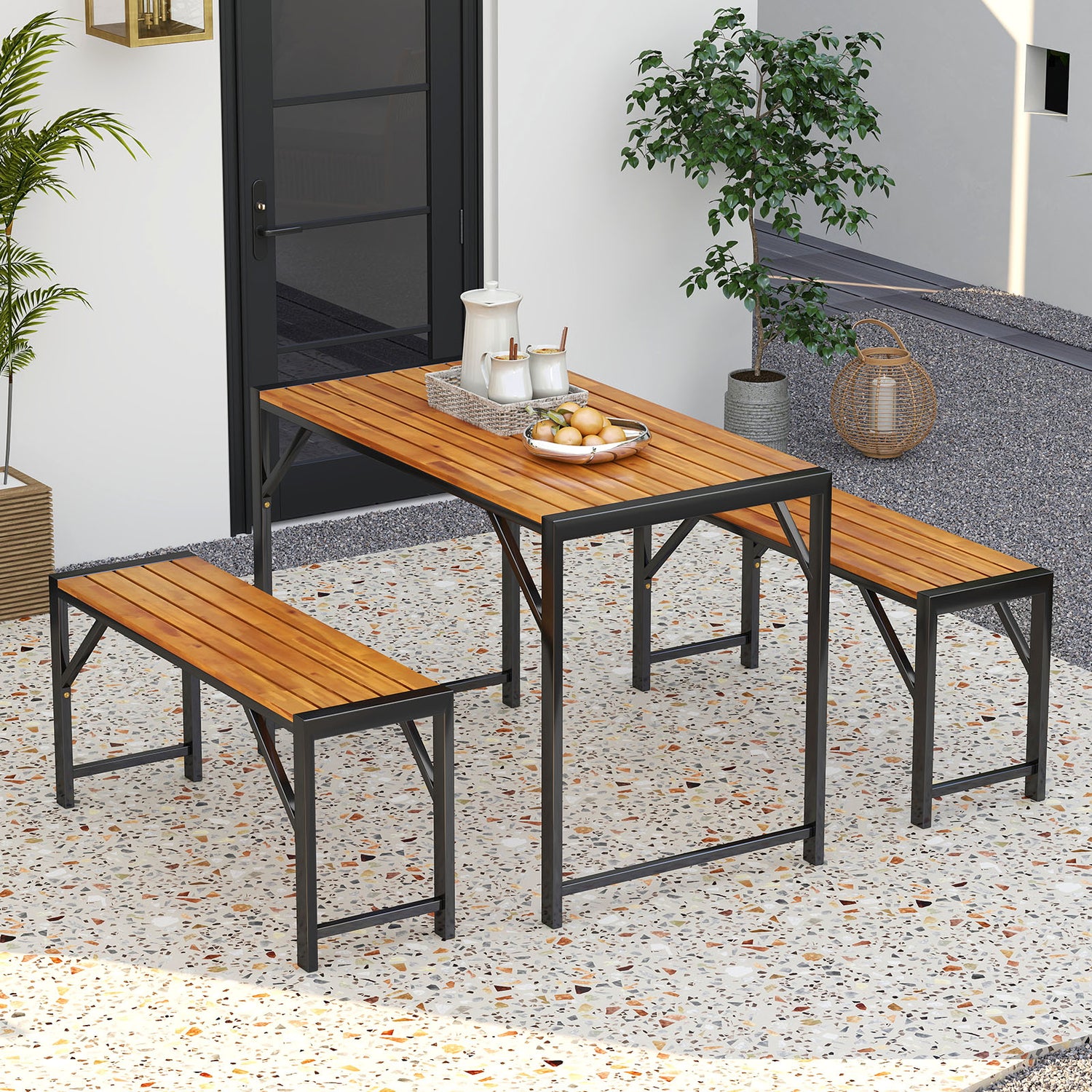 3 Pieces Patio Dining Set with Picnic Table and 2 Benches for 4 People