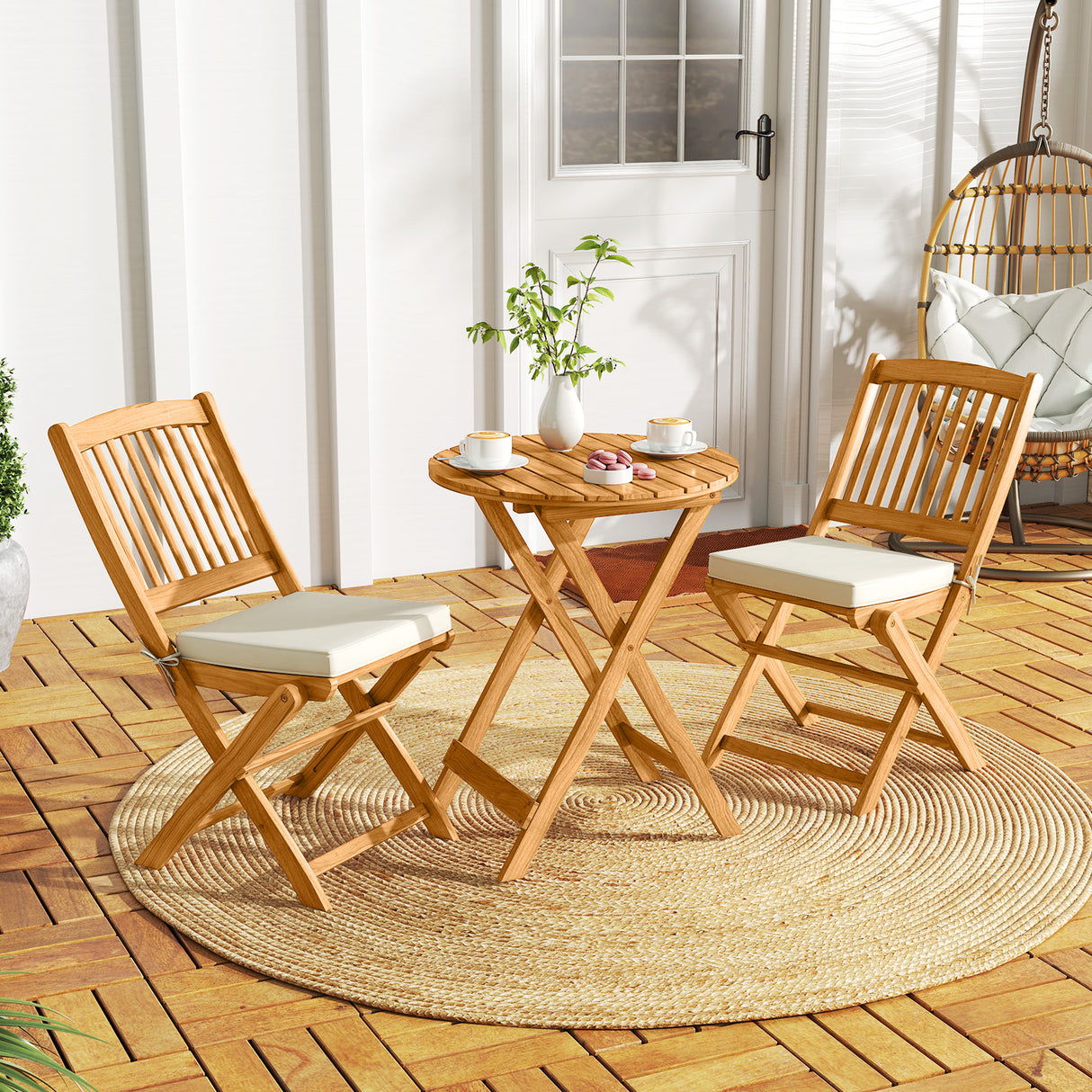 3 Pieces Patio Folding Bistro Set with Padded Cushion and Round Coffee Table