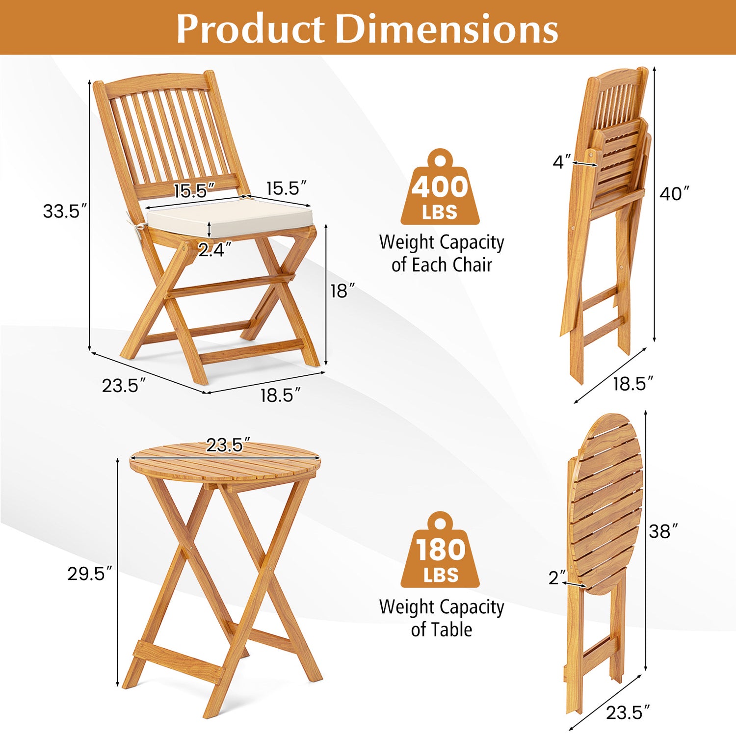 3 Pieces Patio Folding Bistro Set with Padded Cushion and Round Coffee Table
