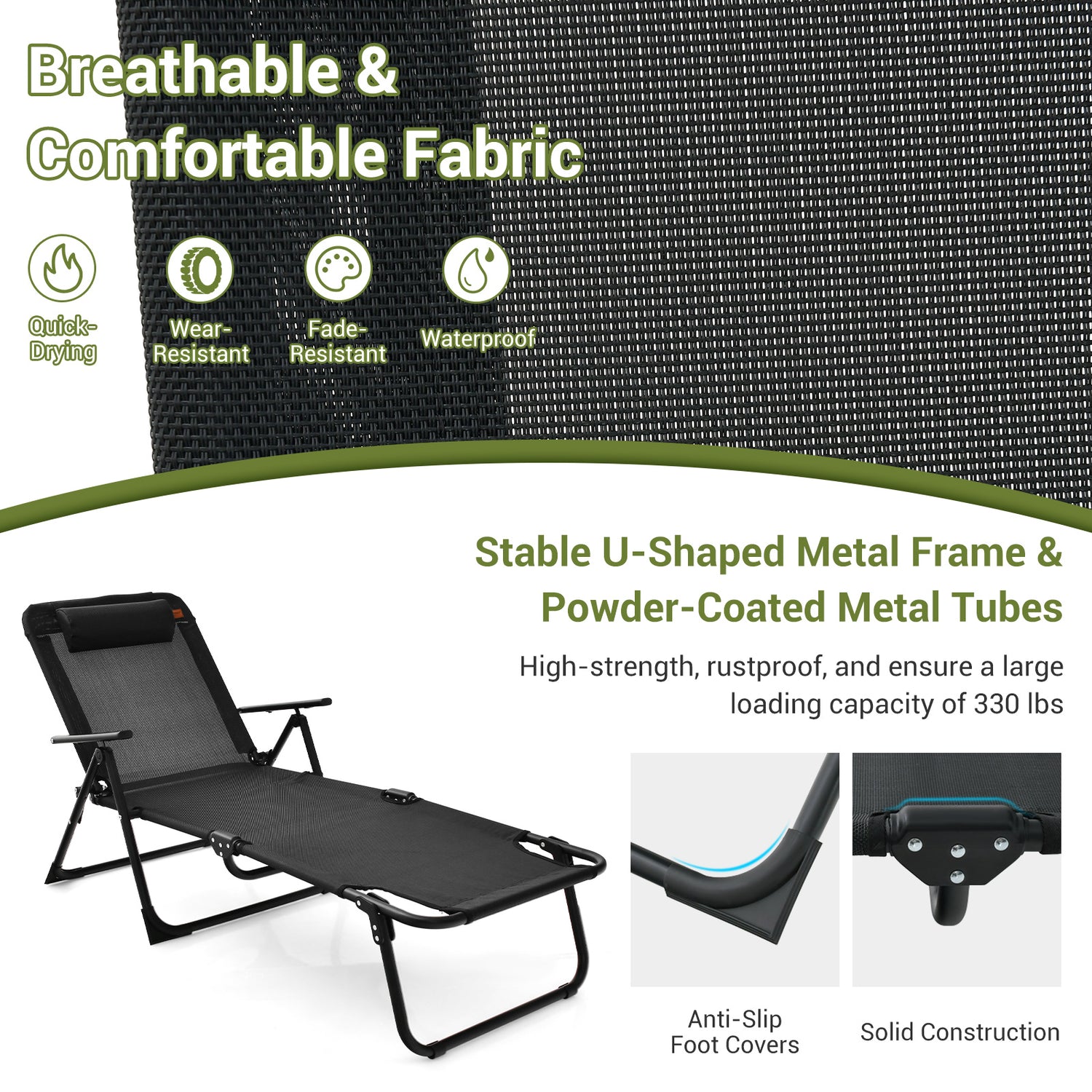 3 Pieces Patio Folding Chaise Lounge Set with PVC Tabletop-Black
