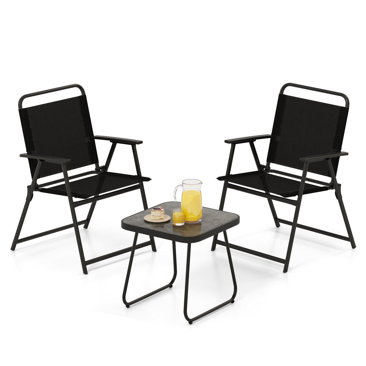 3 Pieces Patio Folding Conversation Chairs and Table-Black