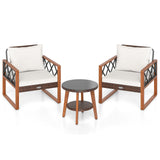3 Pieces Patio Furniture Set with Tempered Glass Top Table and Soft Cushions-Off White