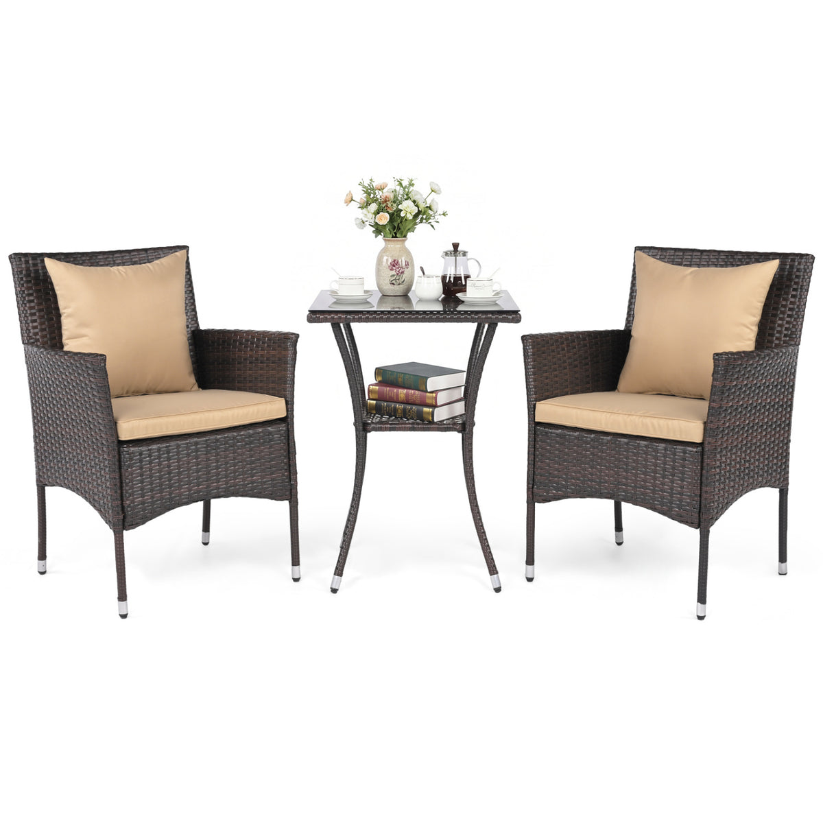 3 Pieces Patio Furniture Set with Cushioned Patio Chairs and Tempered Glass Coffee Table