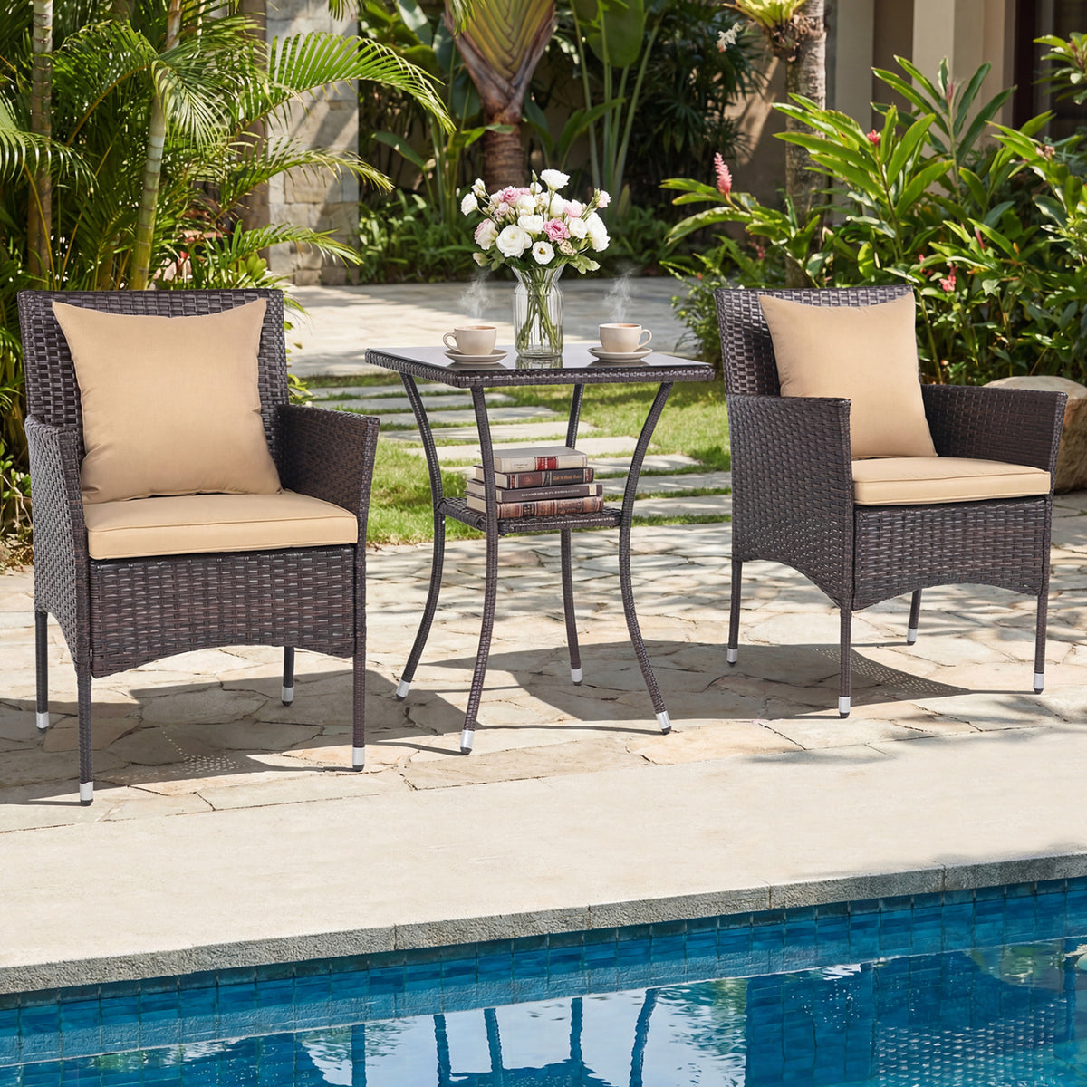 3 Pieces Patio Furniture Set with Cushioned Patio Chairs and Tempered Glass Coffee Table
