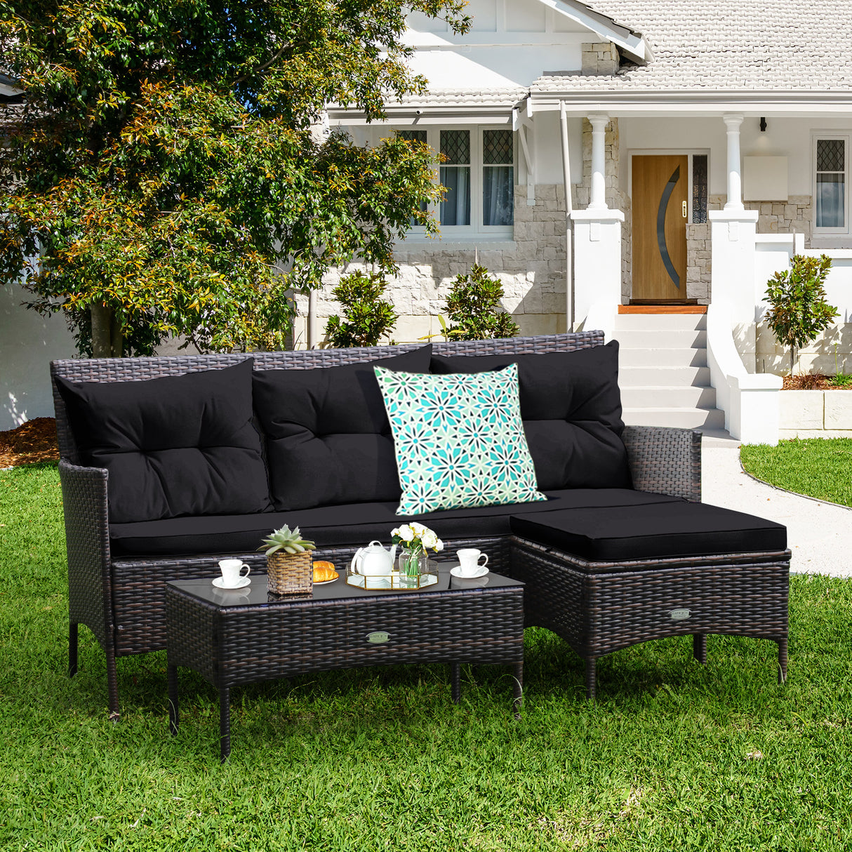 3 Pieces Patio Furniture Sectional Set with 5 Cozy Seat and Back Cushions