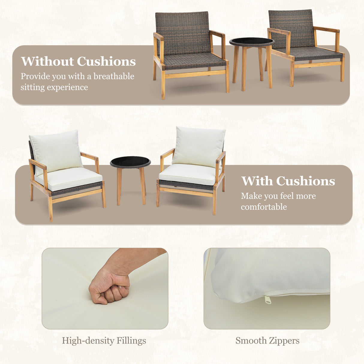 3 Pieces Patio Furniture Set with Cushioned Chairs and Tempered Glass Side Table