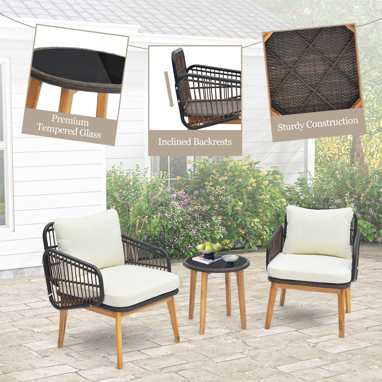 3 Pieces Patio Furniture Set with Cushioned Chairs and Tempered Glass Side Table