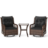 3 Pieces Patio Furniture Set PE Wicker Swivel Glider Chairs with 2-Tier Side Table and Cushions