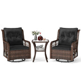 3 Pieces Patio Furniture Set PE Wicker Swivel Glider Chairs with 2-Tier Side Table and Cushions