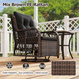 3 Pieces Patio Furniture Set PE Wicker Swivel Glider Chairs with 2-Tier Side Table and Cushions