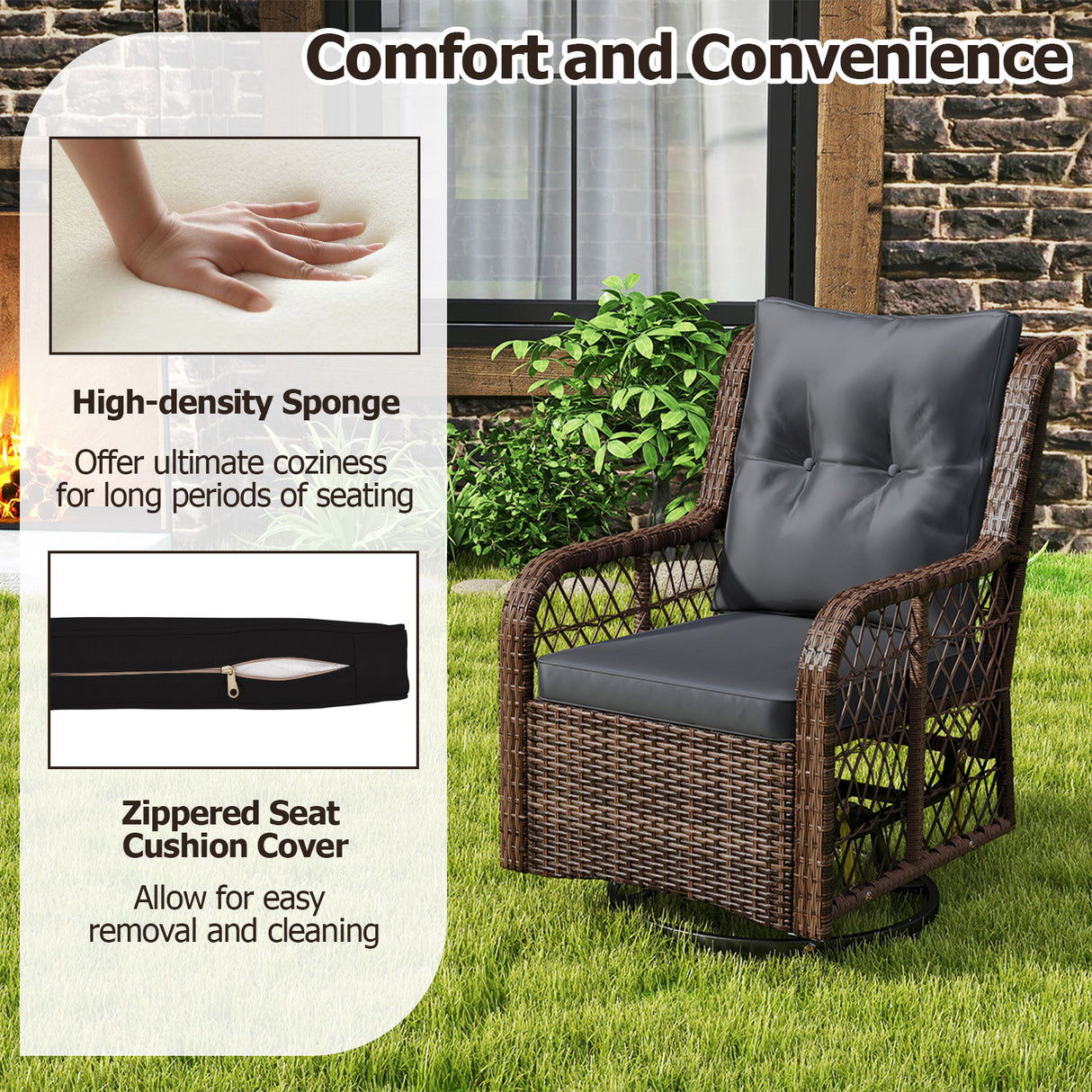 3 Pieces Patio Furniture Set PE Wicker Swivel Glider Chairs with 2-Tier Side Table and Cushions