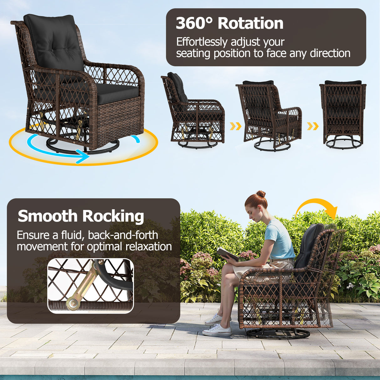 3 Pieces Patio Furniture Set PE Wicker Swivel Glider Chairs with 2-Tier Side Table and Cushions