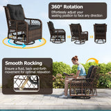 3 Pieces Patio Furniture Set PE Wicker Swivel Glider Chairs with 2-Tier Side Table and Cushions