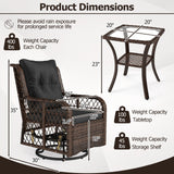 3 Pieces Patio Furniture Set PE Wicker Swivel Glider Chairs with 2-Tier Side Table and Cushions