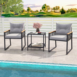 3 Pieces Patio Furniture Set with 2 Tier Coffee Table and Soft Seat Cushions-Gray