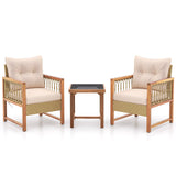 3 Pieces Patio Furniture Set with Acacia Wood Frame Cushions-Brown