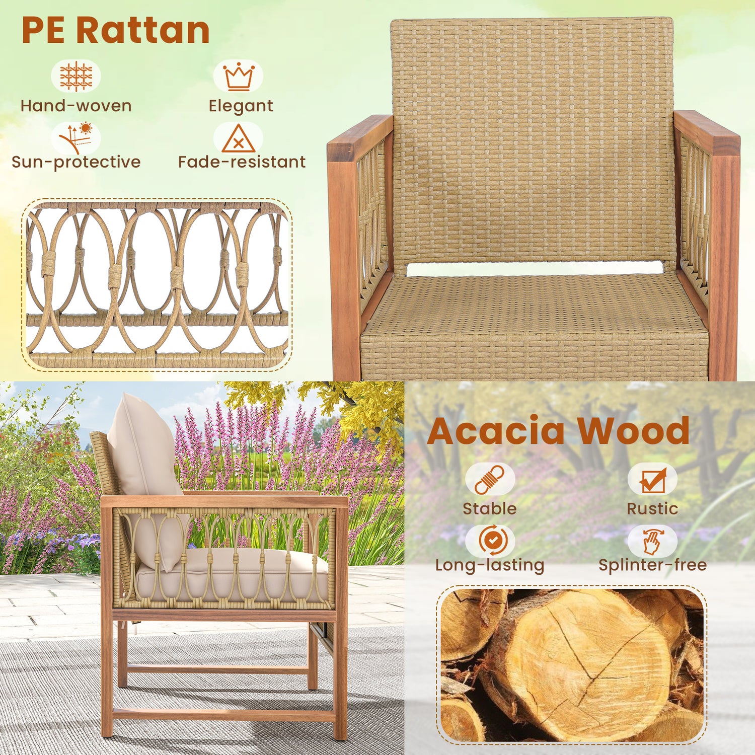 3 Pieces Patio Furniture Set with Acacia Wood Frame Cushions-Brown