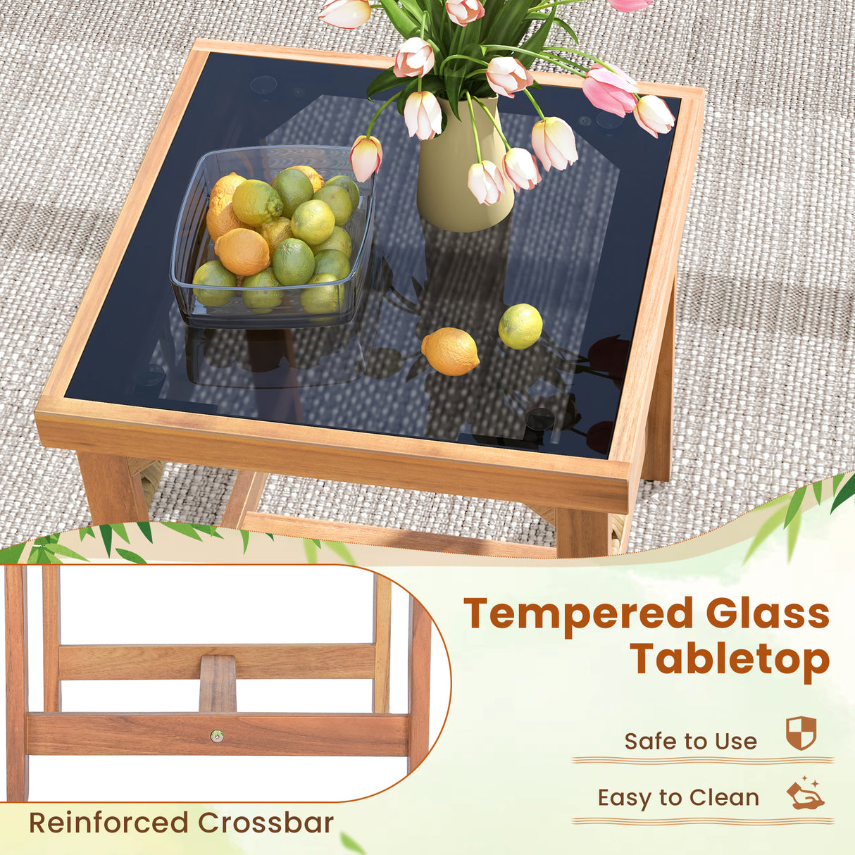 3 Pieces Patio Furniture Set with Acacia Wood Frame Cushions-Brown