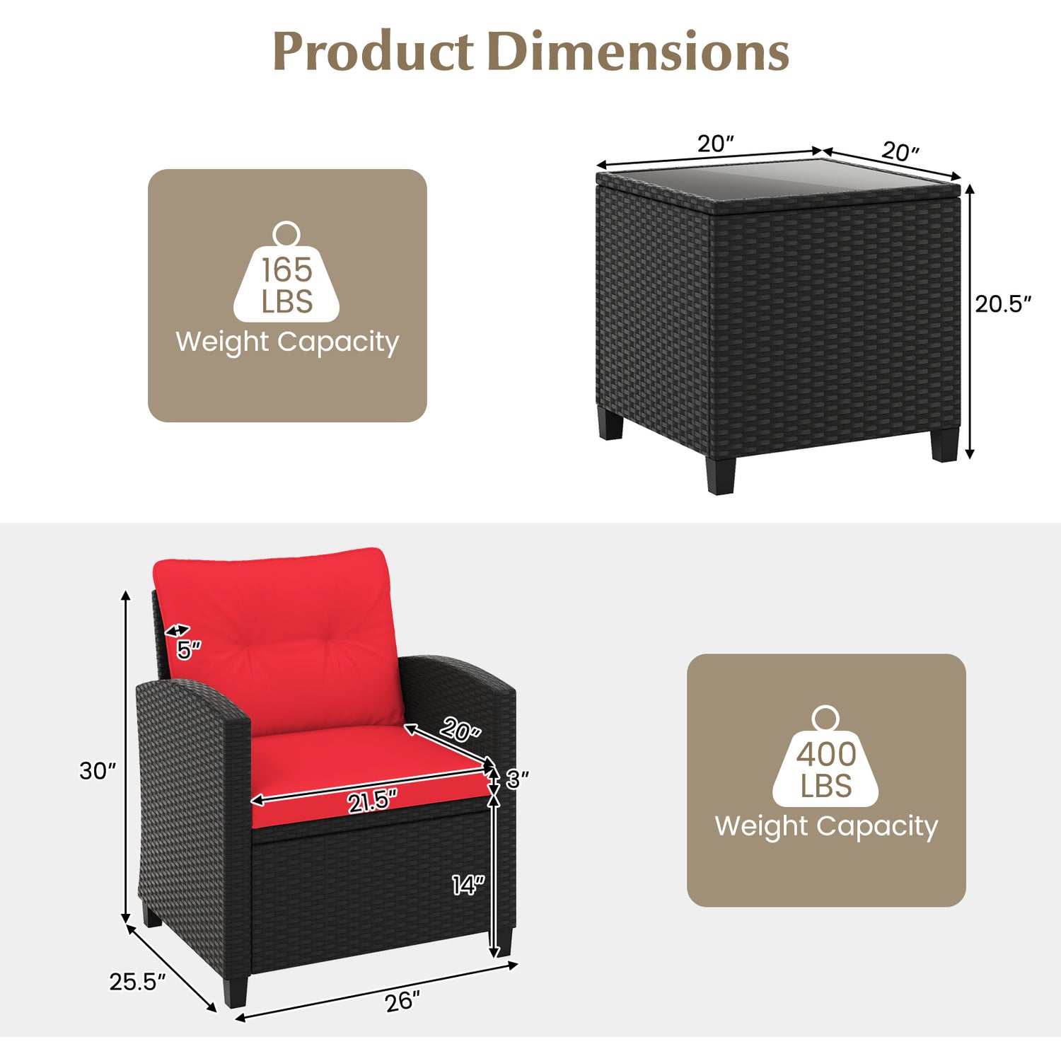 3 Pieces Patio Furniture Set with Tempered Glass Coffee Table