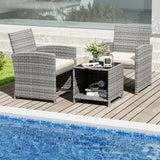 3 Pieces Patio Furniture Set with Tempered Glass Coffee Table and Soft Seat Cushions