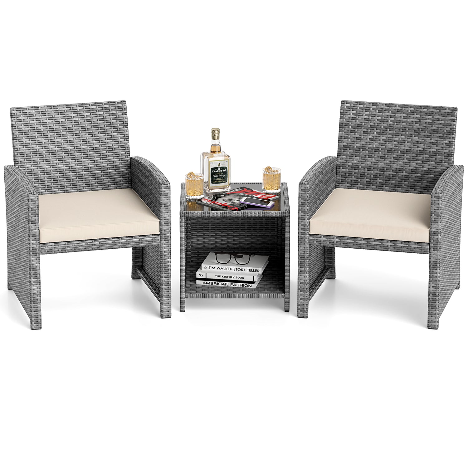 3 Pieces Patio Furniture Set with Tempered Glass Coffee Table and Soft Seat Cushions