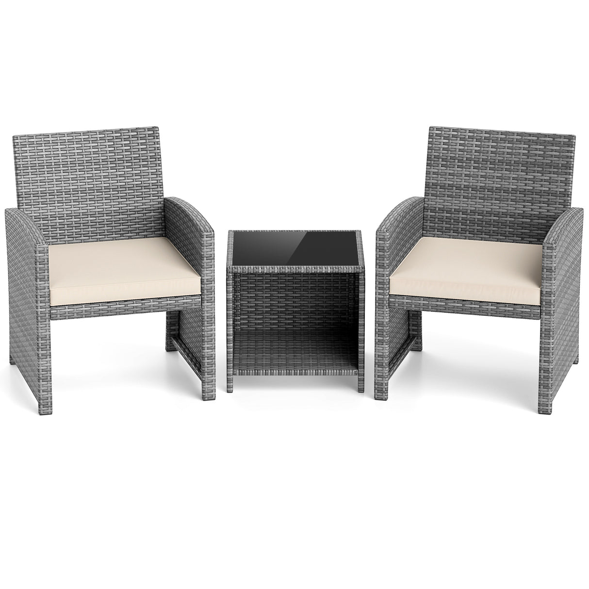 3 Pieces Patio Furniture Set with Tempered Glass Coffee Table and Soft Seat Cushions