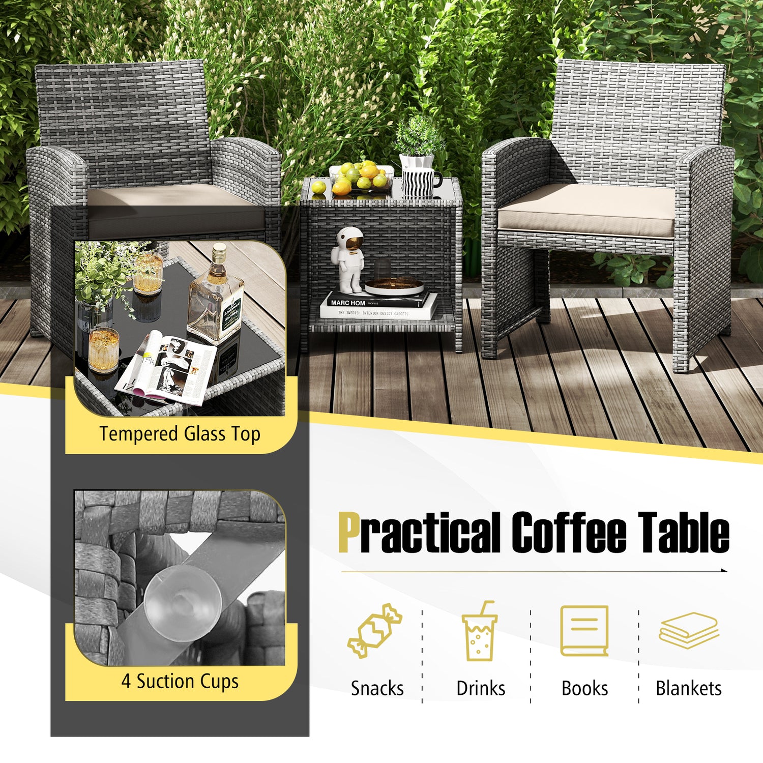 3 Pieces Patio Furniture Set with Tempered Glass Coffee Table and Soft Seat Cushions