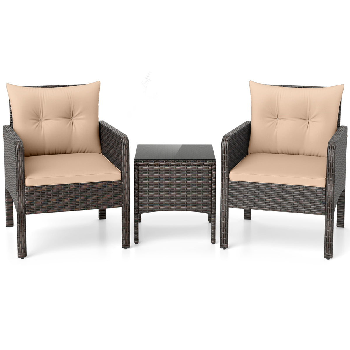 3 Pieces Patio PE Wicker Furniture Set with Cushions  for Porch and Balcony