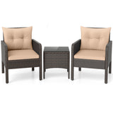 3 Pieces Patio PE Wicker Furniture Set with Cushions  for Porch and Balcony