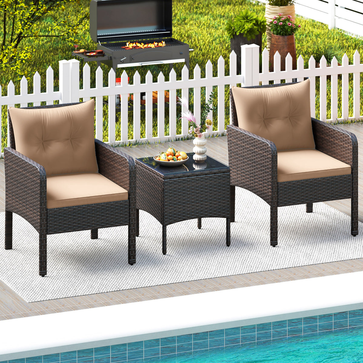 3 Pieces Patio PE Wicker Furniture Set with Cushions  for Porch and Balcony