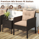 3 Pieces Patio PE Wicker Furniture Set with Cushions  for Porch and Balcony