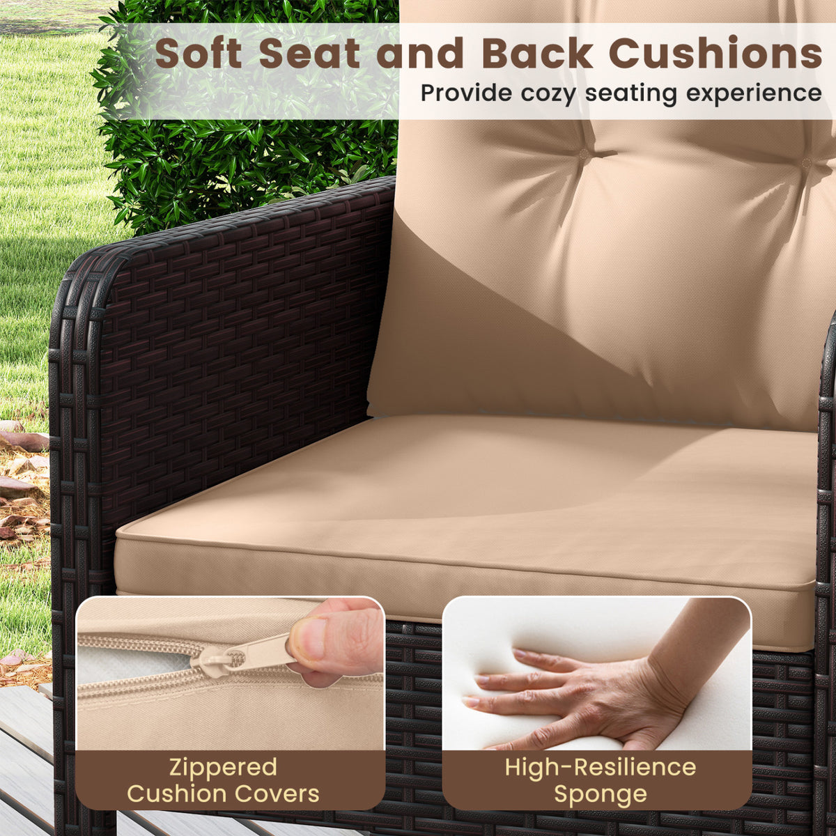 3 Pieces Patio PE Wicker Furniture Set with Cushions  for Porch and Balcony