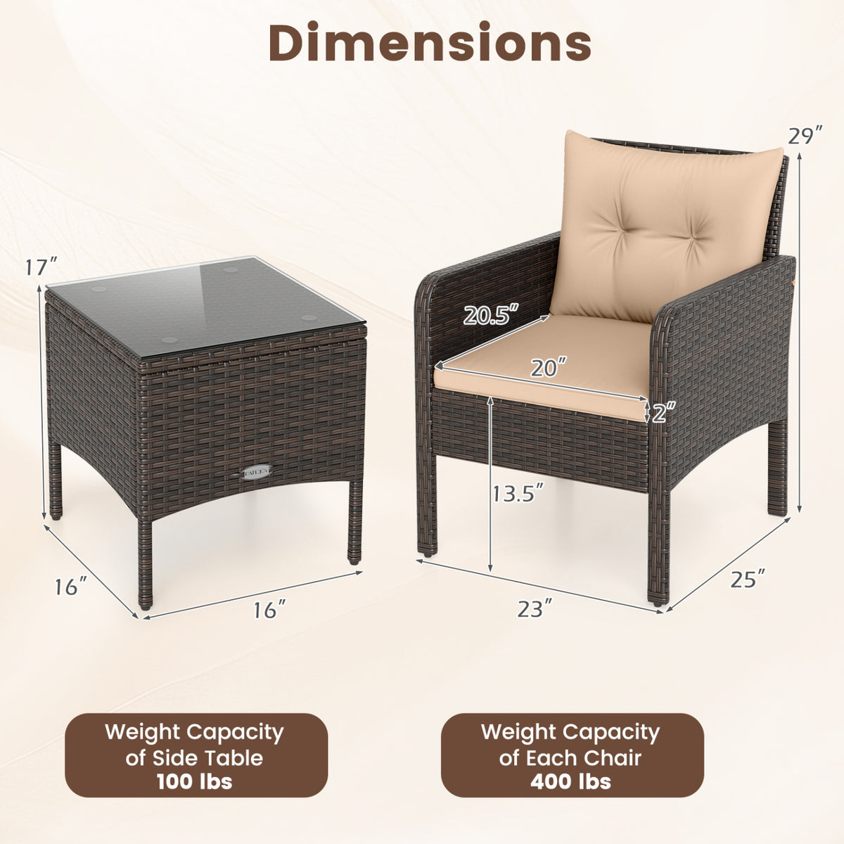 3 Pieces Patio PE Wicker Furniture Set with Cushions  for Porch and Balcony